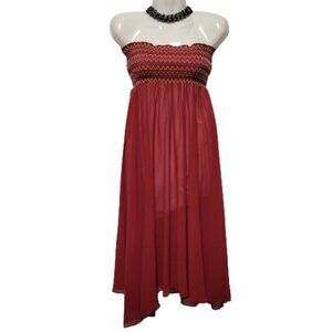 Strapless Red Dress Midi Dress Summer Dress Holiday Dress Smocked Dress One Size